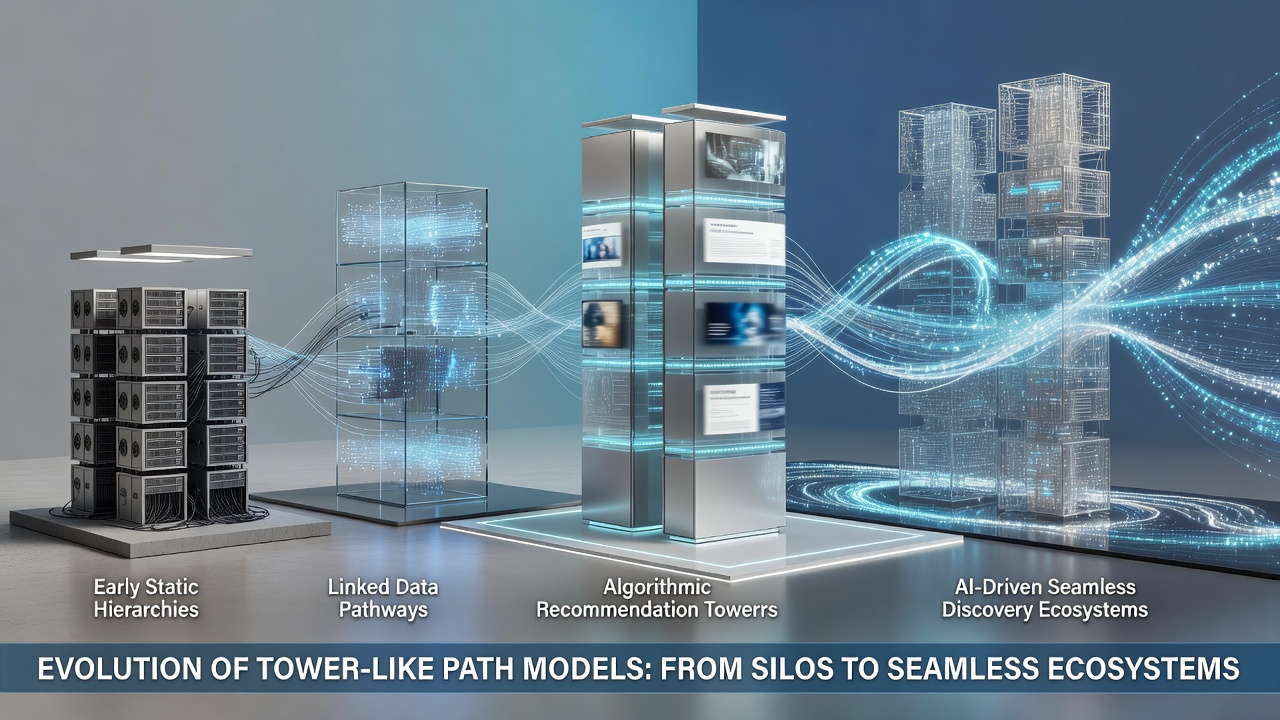 Illustration of layered tower path models integrated with current content delivery networks showing vertical and horizontal connections
